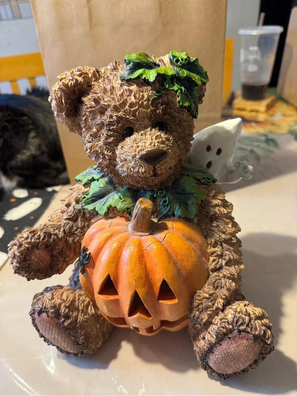 Brown Bear Figure with Orange Pumpkin Accent - vintage Michaels decor